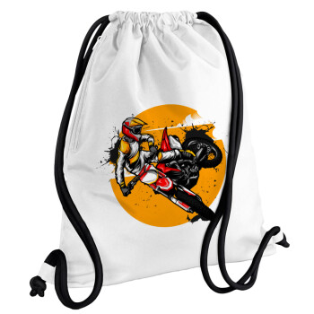 Motocross, Τσάντα πλάτης πουγκί GYMBAG λευκή, με τσέπη (40x48cm) & χονδρά κορδόνια