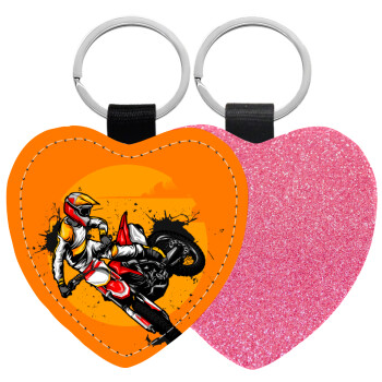 Motocross, Μπρελόκ PU δερμάτινο glitter καρδιά ΡΟΖ