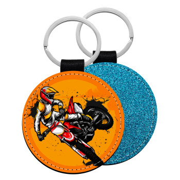 Motocross, Μπρελόκ Δερματίνη, στρογγυλό ΜΠΛΕ (5cm)