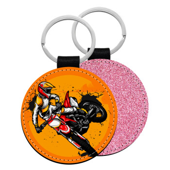 Motocross, Μπρελόκ Δερματίνη, στρογγυλό ΡΟΖ (5cm)