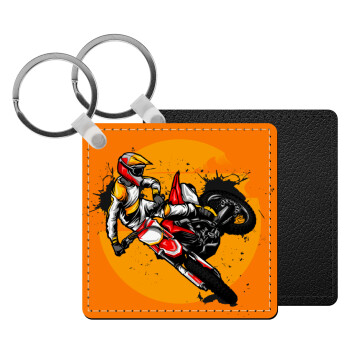 Motocross, Μπρελόκ Δερματίνη, τετράγωνο ΜΑΥΡΟ (5x5cm)