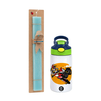 Motocross, Πασχαλινή Λαμπάδα με Παιδικό παγούρι θερμό, ανοξείδωτο, με καλαμάκι ασφαλείας, πράσινο/μπλε (350ml) & κερί αρωματικό πλακέ (30cm) (ΤΙΡΚΟΥΑΖ)