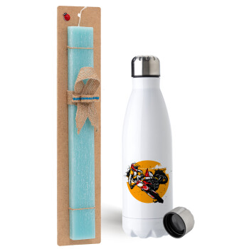 Motocross, Easter Set, metallic stainless steel water bottle (750ml) & aromatic flat Easter candle (30cm) (TURQUOISE)