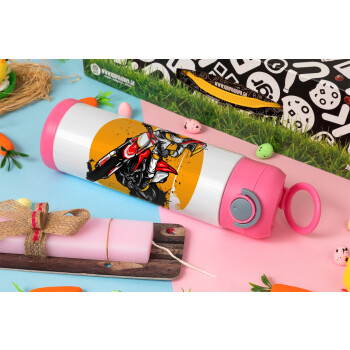 Motocross, Πασχαλινή Λαμπάδα με Παιδικό παγούρι θερμό, ανοξείδωτο, με καλαμάκι ασφαλείας, ΡΟΖ (500ml)