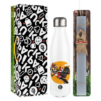 Motocross, Easter candle, metallic white thermos bottle (500ml) & aromatic flat candle (30cm) (GRAY)