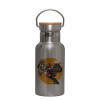 Stainless steel metallic thermos flask, silver with a bamboo lid, double-walled, 350ml.