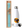 Easter Set, metallic stainless steel water bottle (750ml) & aromatic flat Easter candle (30cm) (TURQUOISE)