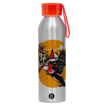 Motocross, Αλουμινένιο Αθλητικό Μπουκάλι 650ml – Ασημί με Κόκκινο Καπάκι και Λουράκι Σιλικόνης