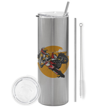 Motocross, Eco friendly stainless steel Silver tumbler 600ml, with metal straw & cleaning brush