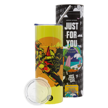 Motocross, Neon Yellow Travel Tumbler θερμό, μεταλλικό καλαμάκι(Ανωξείδωτο 304 Food grade, BPA free, 600ml)