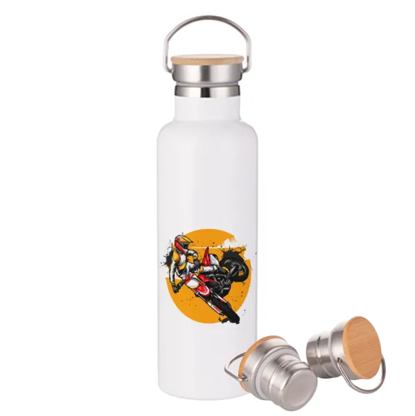 Motocross — Μεταλλικό παγούρι θερμός (Stainless steel) Λευκό με ξύλινο καπάκι (bamboo), διπλού τοιχώματος, 750ml