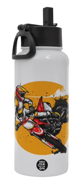 Motocross — Metal mug thermo White with Straw and Spout Lid (Stainless steel), double wall, 950ml