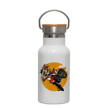 Motocross, Metallic thermos (Stainless steel) White with wooden lid (bamboo), double-walled, 350ml