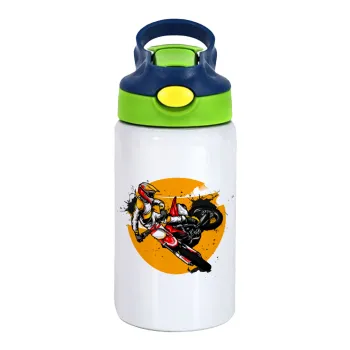 Motocross, Children's hot water bottle, stainless steel, with safety straw, green, blue (350ml)