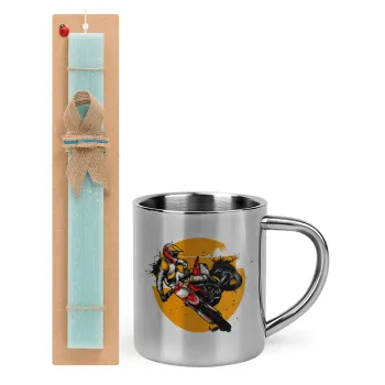 Motocross, Easter Set, metallic thermal cup (300ml) & aromatic flat Easter candle (30cm) (TURQUOISE)