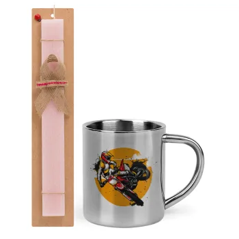 Motocross, Easter Set, metallic thermal cup (300ml) & aromatic flat Easter candle (30cm) (PINK)