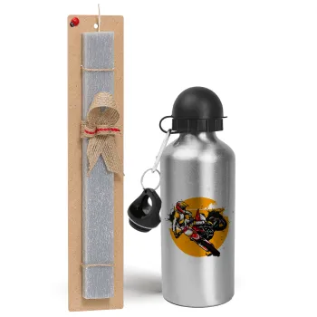 Motocross, Easter Set, metallic silver aluminum water bottle (500ml) & aromatic flat Easter candle (30cm) (GRAY)
