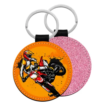 Motocross, Μπρελόκ Δερματίνη, στρογγυλό ΡΟΖ (5cm)