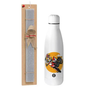 Motocross, Πασχαλινή Λαμπάδα με μεταλλικό παγούρι θερμός ανοξείδωτο (500ml) & κερί αρωματικό πλακέ (30cm) (ΓΚΡΙ)