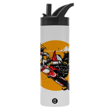 Motocross, Μεταλλικό παγούρι θερμός με καλαμάκι & χειρολαβή, ανοξείδωτο ατσάλι (Stainless steel 304), διπλού τοιχώματος, 600ml