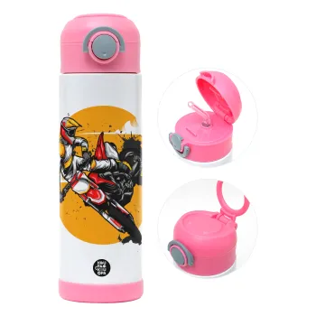 Motocross, Children's hot water bottle, stainless steel, with safety straw, PINK (500ml)