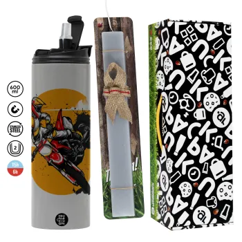 Motocross, Πασχαλινή Λαμπάδα με Travel Tumbler θερμό (600ml, BPA free) & κερί αρωματικό πλακέ (30cm) (ΓΚΡΙ)