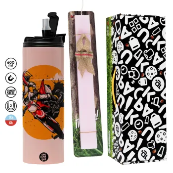 Motocross, Easter candle,Travel Tumbler 2 Lids, with metal straw & cleaning brush & aromatic flat candle (30cm) (PINK)