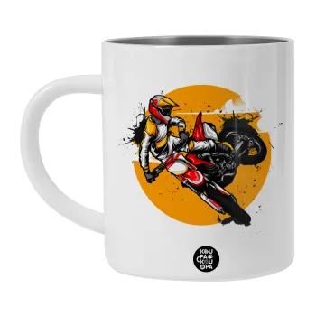 Motocross, Λευκή Ανοξείδωτη Μεταλλική Κούπα 450ml - Διπλού Τοιχώματος 
