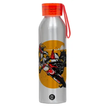 Motocross, Αλουμινένιο Αθλητικό Μπουκάλι 650ml – Ασημί με Κόκκινο Καπάκι και Λουράκι Σιλικόνης