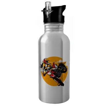 Motocross, Water bottle Silver with straw, stainless steel 600ml
