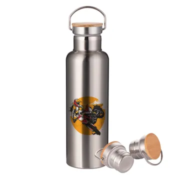 Motocross, Stainless steel Silver with wooden lid (bamboo), double wall, 750ml