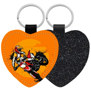 Motocross, Μπρελόκ PU δερμάτινο glitter καρδιά ΜΑΥΡΟ