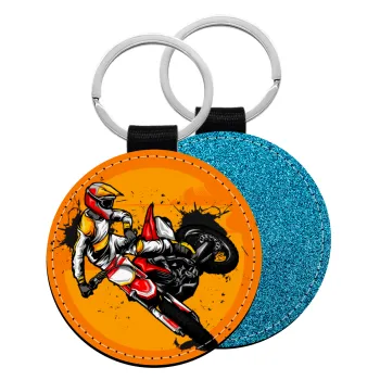 Motocross, Μπρελόκ Δερματίνη, στρογγυλό ΜΠΛΕ (5cm)