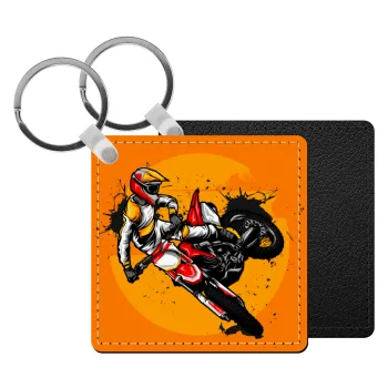 Motocross, Μπρελόκ Δερματίνη, τετράγωνο ΜΑΥΡΟ (5x5cm)