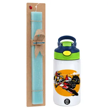 Motocross, Easter Set, Children's thermal stainless steel bottle with safety straw, green/blue (350ml) & aromatic flat Easter candle (30cm) (TURQUOISE)