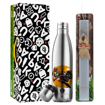 Motocross, Easter Set, metallic stainless thermos flask (500ml) & scented flat Easter candle (30cm) (GRAY)