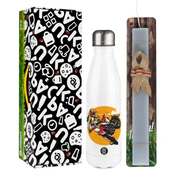 Motocross, Easter candle, metallic white thermos bottle (500ml) & aromatic flat candle (30cm) (GRAY)