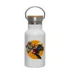 Metallic thermos (Stainless steel) White with wooden lid (bamboo), double-walled, 350ml