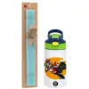 Easter Set, Children's thermal stainless steel bottle with safety straw, green/blue (350ml) & aromatic flat Easter candle (30cm) (TURQUOISE)