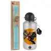 Easter Set, metallic silver aluminum water bottle (500ml) & scented flat Easter candle (30cm) (TURQUOISE)