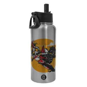 Motocross, Μεταλλικό παγούρι θερμός Silver με καλαμάκι και χερούλι (Stainless steel), διπλού τοιχώματος, 950ml