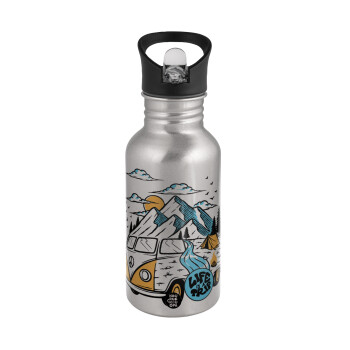 Life is a trip, Water bottle Silver with straw, stainless steel 500ml