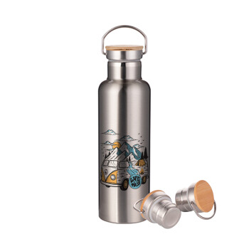 Life is a trip, Stainless steel Silver with wooden lid (bamboo), double wall, 750ml