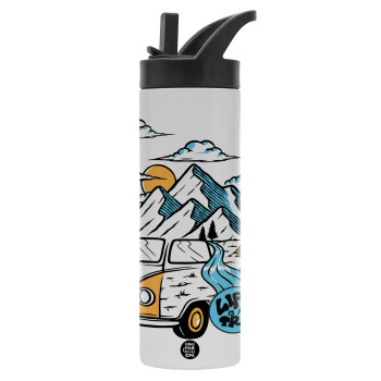 Life is a trip, Μεταλλικό παγούρι θερμός με καλαμάκι & χειρολαβή, ανοξείδωτο ατσάλι (Stainless steel 304), διπλού τοιχώματος, 600ml