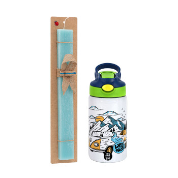 Life is a trip, Πασχαλινή Λαμπάδα με Παιδικό παγούρι θερμό, ανοξείδωτο, με καλαμάκι ασφαλείας, πράσινο/μπλε (350ml) & κερί αρωματικό πλακέ (30cm) (ΤΙΡΚΟΥΑΖ)