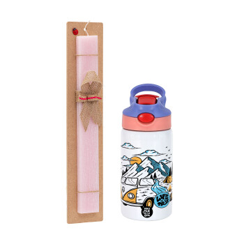 Life is a trip, Easter Set, Children's thermal stainless steel water bottle with safety straw, pink/purple (350ml) & Easter scented flat candle (30cm) (PINK)
