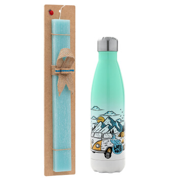 Life is a trip, Easter Set, Metallic green/white thermos (Stainless steel), double-walled, 500ml & scented flat Easter candle (30cm) (TURQUOISE)