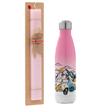 Life is a trip, Easter Set, Metallic pink/white (Stainless steel) thermos, double-walled, 500ml & aromatic flat Easter candle (30cm) (PINK)
