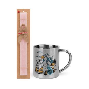 Life is a trip, Easter Set, metallic thermal cup (300ml) & aromatic flat Easter candle (30cm) (PINK)