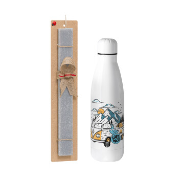 Life is a trip, Easter Set, metallic stainless thermos bottle (500ml) & scented flat Easter candle (30cm) (GRAY)